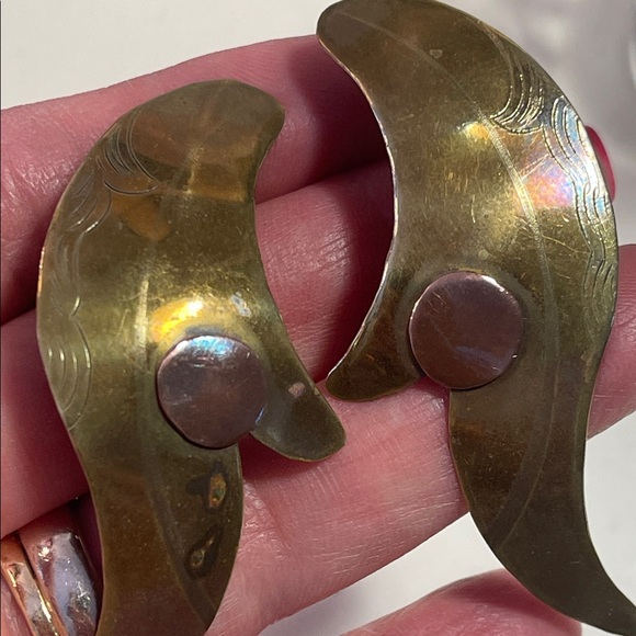 Vintage Brass with Copper accent pierced earrings - Picture 8 of 9